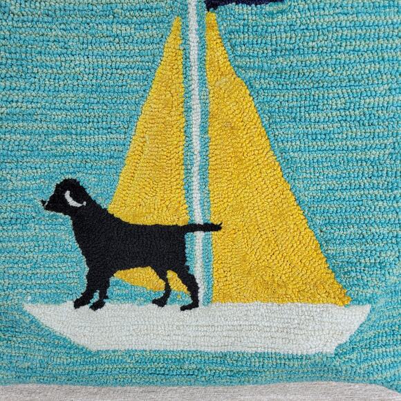 Handmade Hooked Wool Pillow Cover Dog Sailboat Nautical Coastal 17x17 - Picture 5 of 11